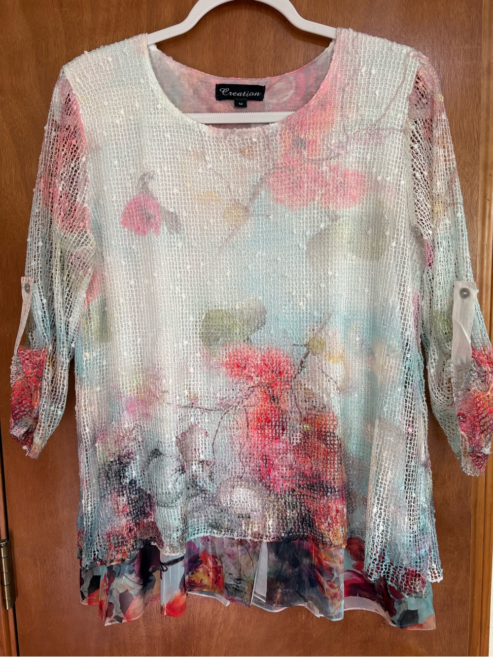 Creation Floral Mesh Knit Layered Tunic Blouse Roll-Tab Sleeves M